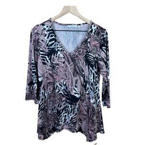 Notations Blouse Women Small Lagenlook Goth stretchy Artsy Pullover Mix Media